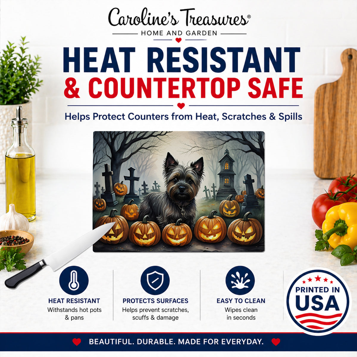 Caroline's Treasures DAC2027LCB Cairn Terrier Spooky Halloween Glass Cutting Board Large Decorative Tempered Glass Kitchen Cutting and Serving Board Large Size Chopping Board