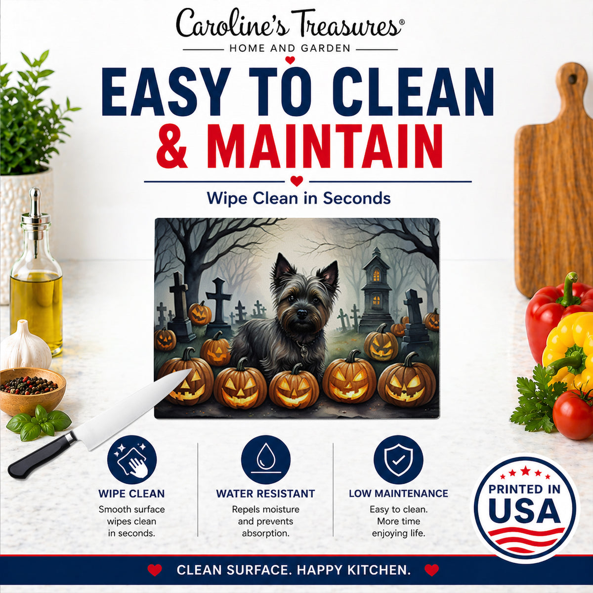 Caroline's Treasures DAC2027LCB Cairn Terrier Spooky Halloween Glass Cutting Board Large Decorative Tempered Glass Kitchen Cutting and Serving Board Large Size Chopping Board