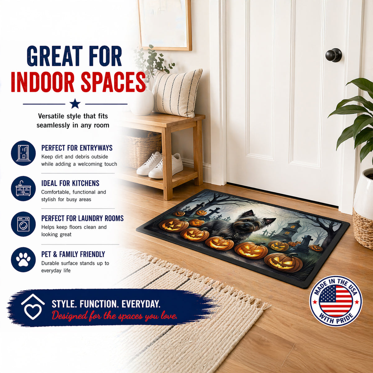 Caroline's Treasures DAC2027MAT Cairn Terrier Spooky Halloween Doormat 18x27 Front Door Mat Indoor Outdoor Rugs for Entryway, Non Slip Washable Low Pile, 18H X 27W