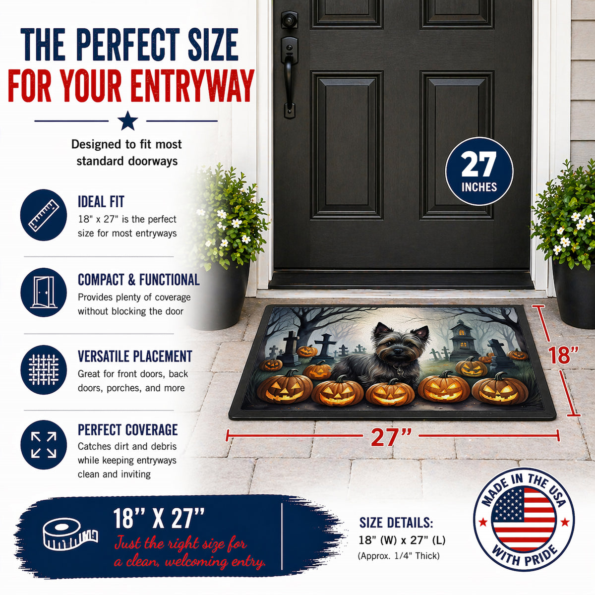 Caroline's Treasures DAC2027MAT Cairn Terrier Spooky Halloween Doormat 18x27 Front Door Mat Indoor Outdoor Rugs for Entryway, Non Slip Washable Low Pile, 18H X 27W
