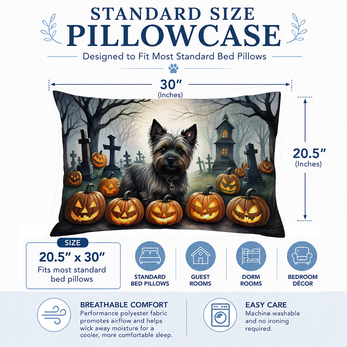 Caroline's Treasures DAC2027PILLOWCASE Cairn Terrier Spooky Halloween Fabric Standard Pillowcase Lightweight Super Soft Easy Care Decorative Artwork Pillowcase, Standard
