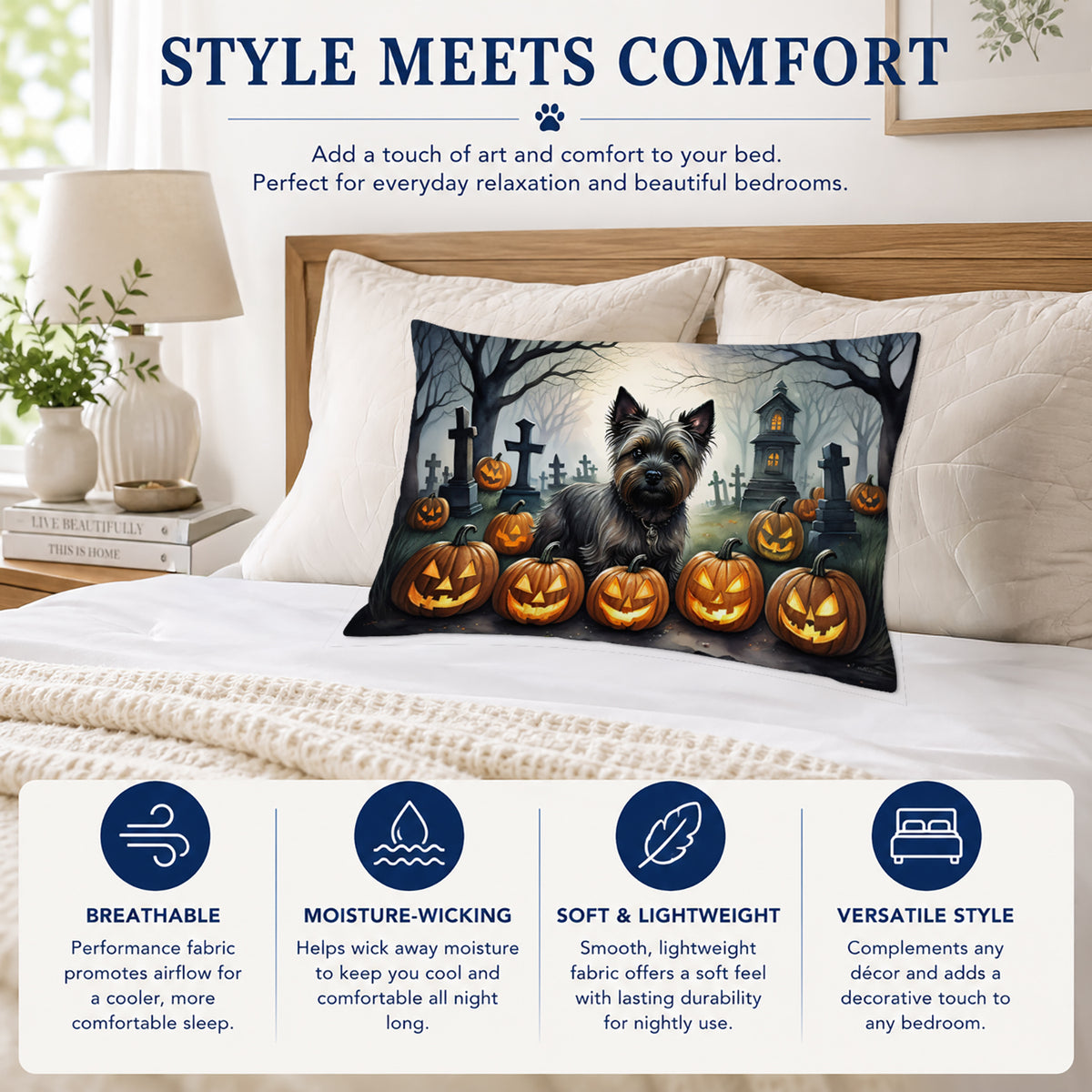 Caroline's Treasures DAC2027PILLOWCASE Cairn Terrier Spooky Halloween Fabric Standard Pillowcase Lightweight Super Soft Easy Care Decorative Artwork Pillowcase, Standard
