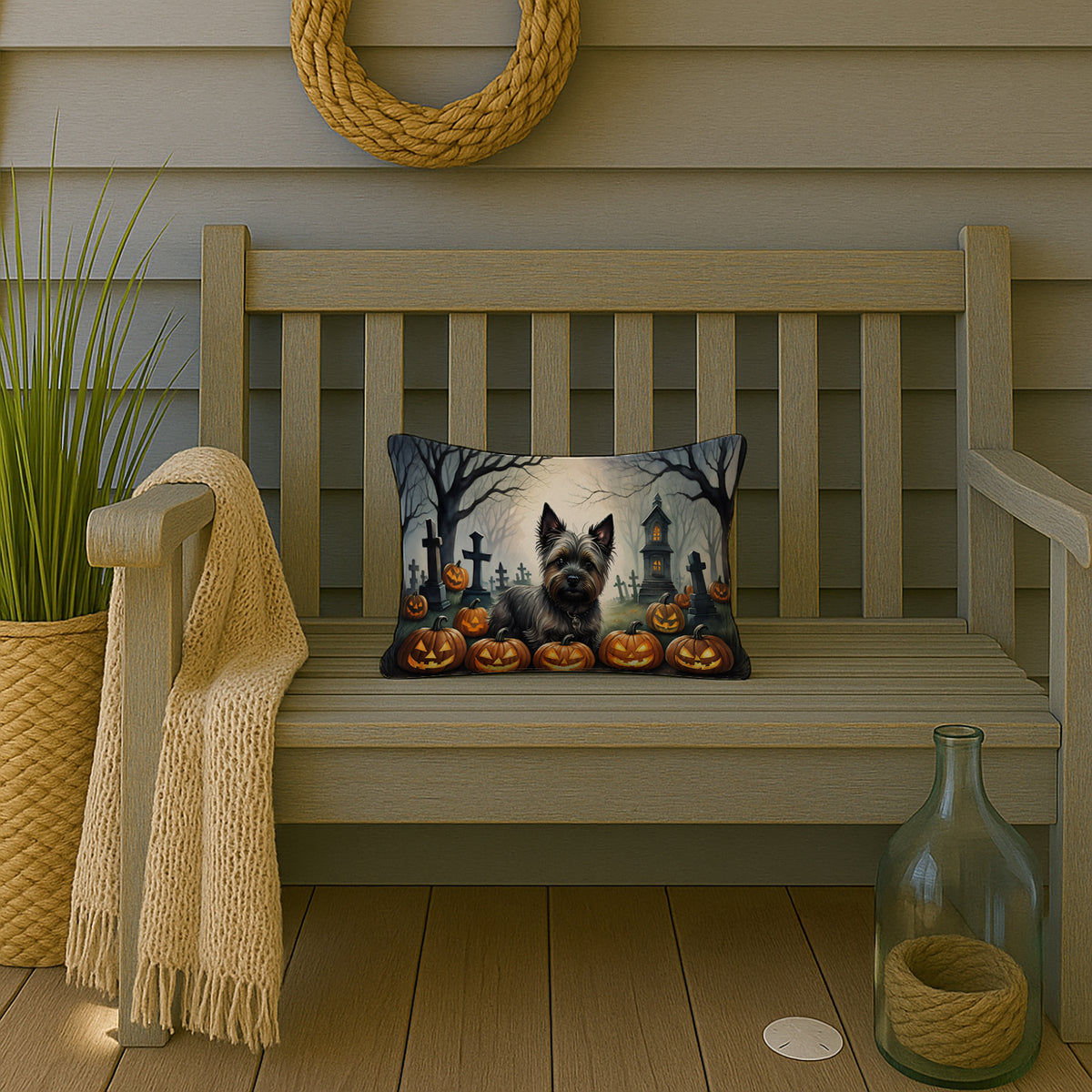 Caroline's Treasures DAC2027PW1216 Cairn Terrier Spooky Halloween Fabric Decorative Pillow Machine Washable, Indoor Outdoor Decorative Pillow for Couch, Bed or Patio, 12HX16W