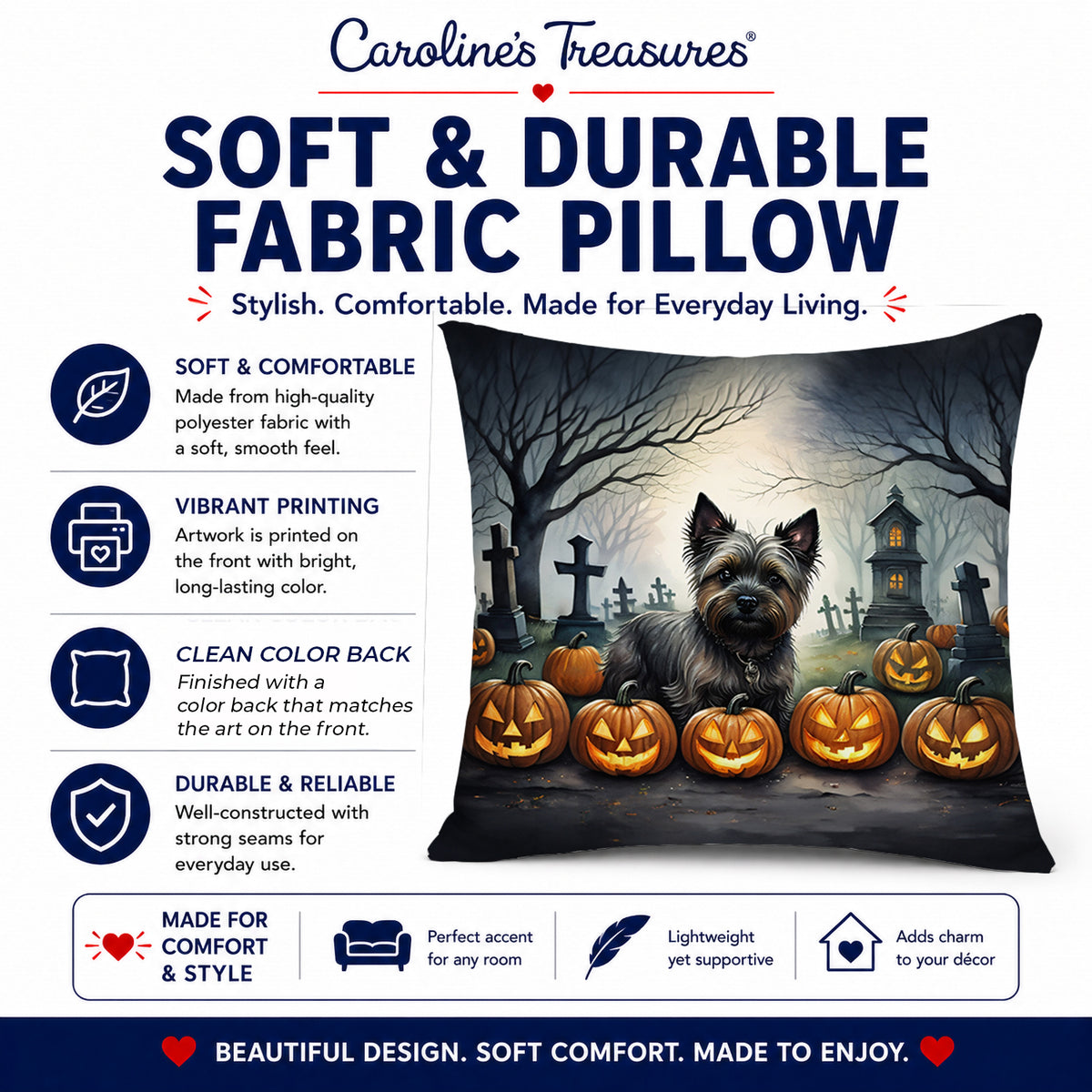 Caroline's Treasures DAC2027PW1414 Cairn Terrier Spooky Halloween Fabric Decorative Pillow Machine Washable, Indoor Outdoor Decorative Pillow for Couch, Bed or Patio, 14Hx14W
