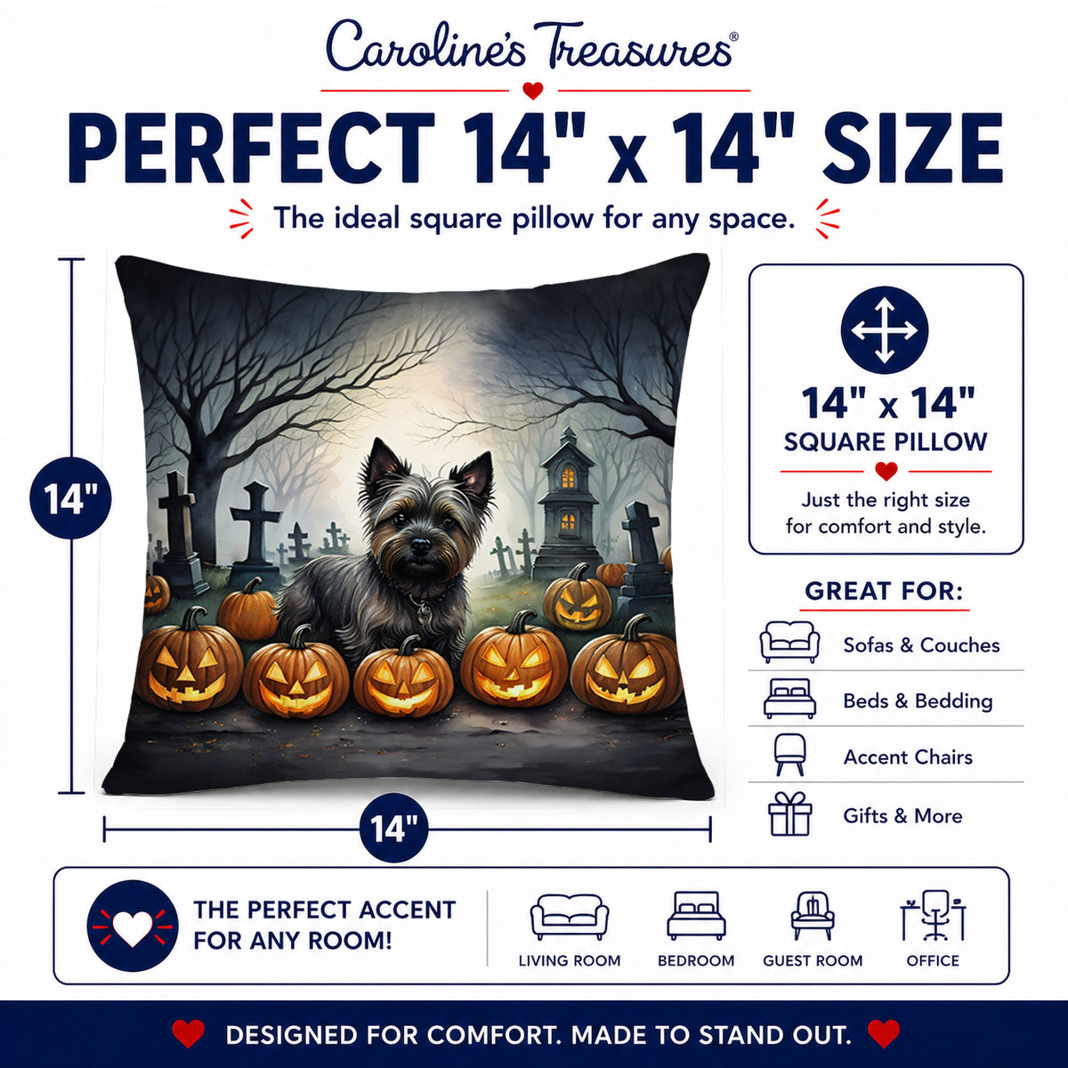 Caroline's Treasures DAC2027PW1414 Cairn Terrier Spooky Halloween Fabric Decorative Pillow Machine Washable, Indoor Outdoor Decorative Pillow for Couch, Bed or Patio, 14Hx14W