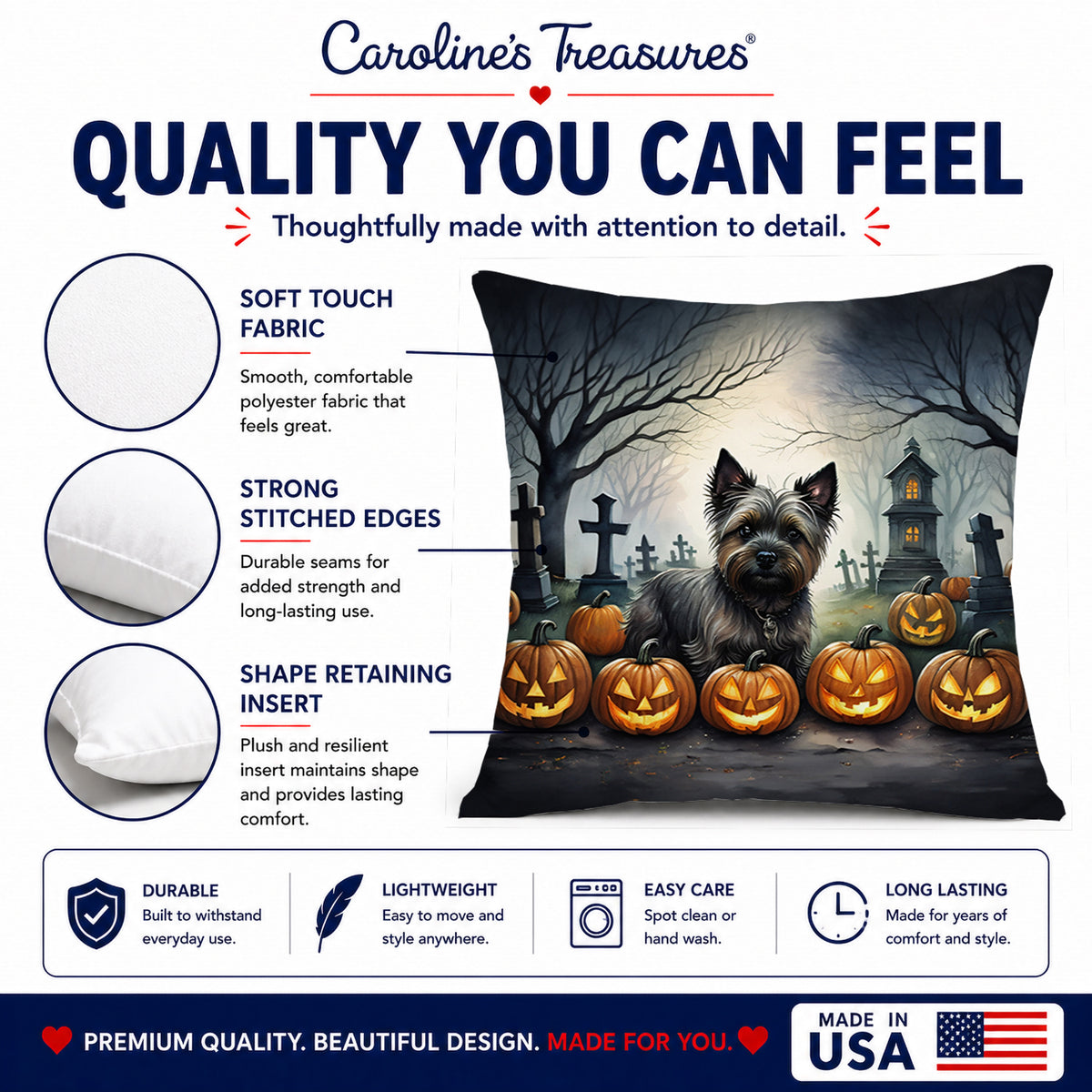 Caroline's Treasures DAC2027PW1414 Cairn Terrier Spooky Halloween Fabric Decorative Pillow Machine Washable, Indoor Outdoor Decorative Pillow for Couch, Bed or Patio, 14Hx14W