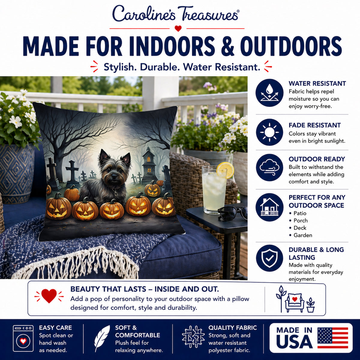 Caroline's Treasures DAC2027PW1414 Cairn Terrier Spooky Halloween Fabric Decorative Pillow Machine Washable, Indoor Outdoor Decorative Pillow for Couch, Bed or Patio, 14Hx14W