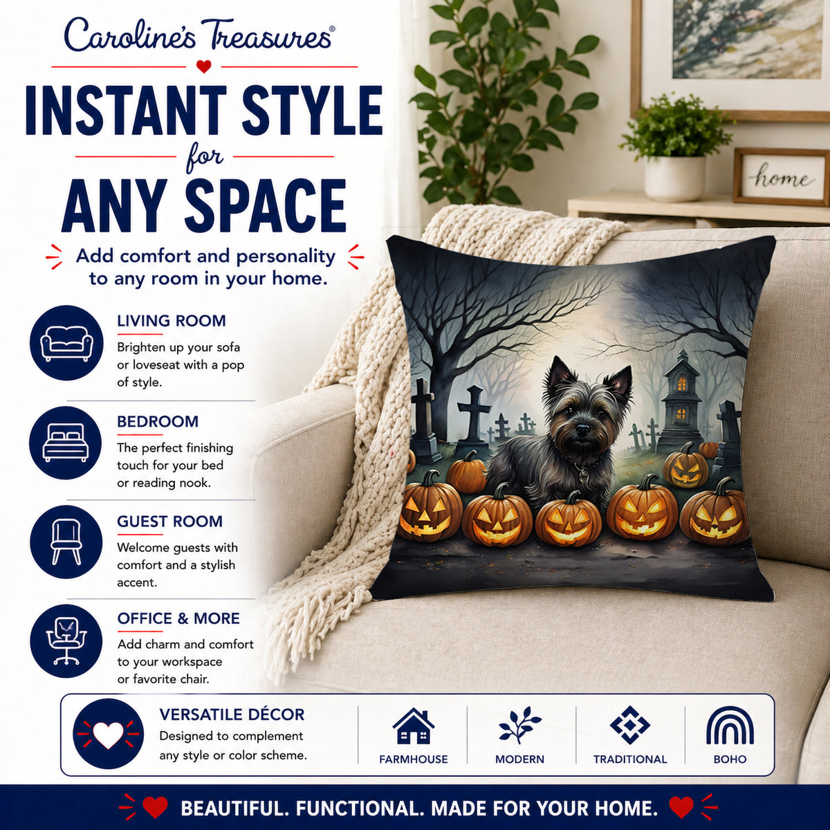 Caroline's Treasures DAC2027PW1818 Cairn Terrier Spooky Halloween Fabric Decorative Pillow Machine Washable, Indoor Outdoor Decorative Pillow for Couch, Bed or Patio, 18Hx18W