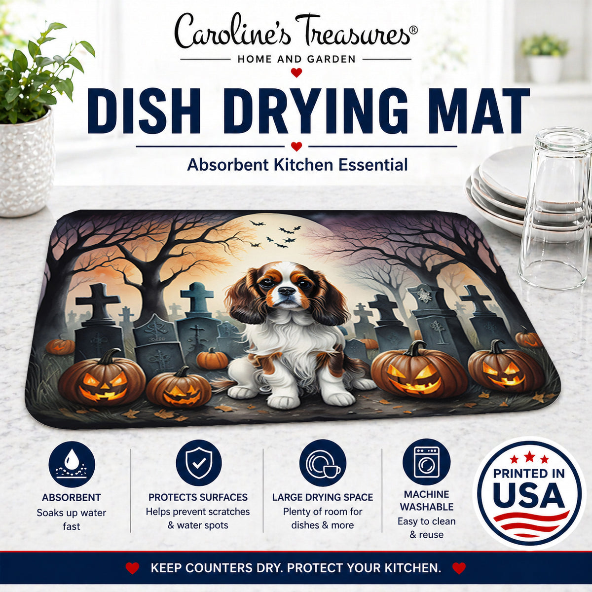 Caroline's Treasures DAC2028DDM Cavalier Spaniel Spooky Halloween Dish Drying Mat Absorbent Dish Drying Mat Pad for Kitchen Counter Dish Drainer Mat for Countertop, 14 x 21, Multicolor