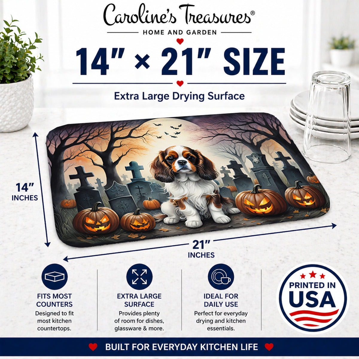 Caroline's Treasures DAC2028DDM Cavalier Spaniel Spooky Halloween Dish Drying Mat Absorbent Dish Drying Mat Pad for Kitchen Counter Dish Drainer Mat for Countertop, 14 x 21, Multicolor