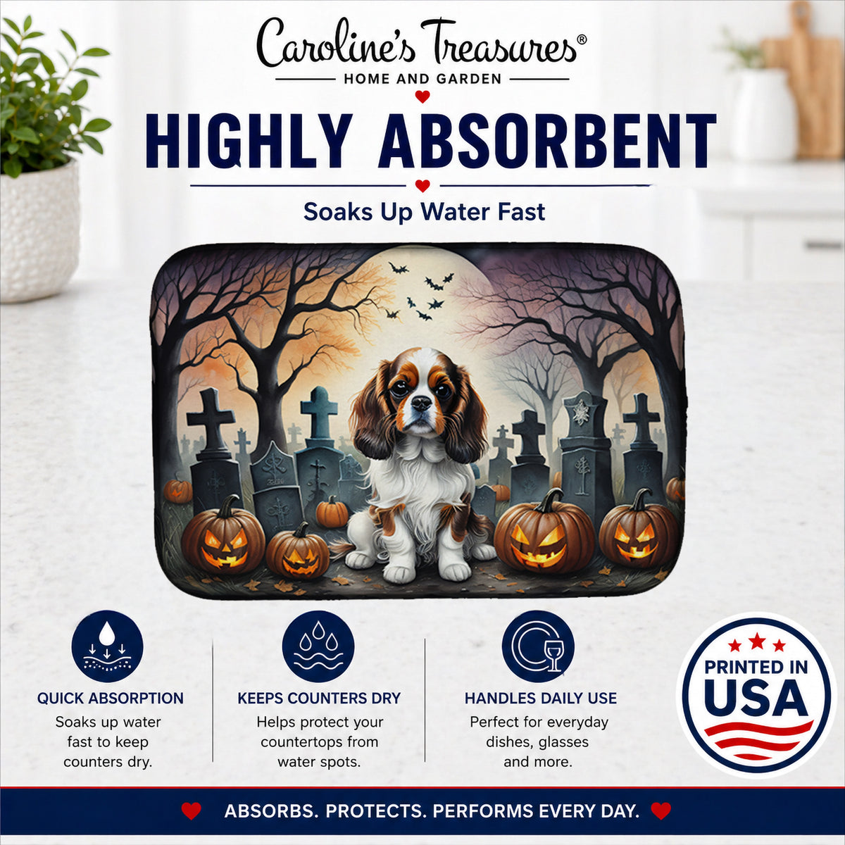 Caroline's Treasures DAC2028DDM Cavalier Spaniel Spooky Halloween Dish Drying Mat Absorbent Dish Drying Mat Pad for Kitchen Counter Dish Drainer Mat for Countertop, 14 x 21, Multicolor