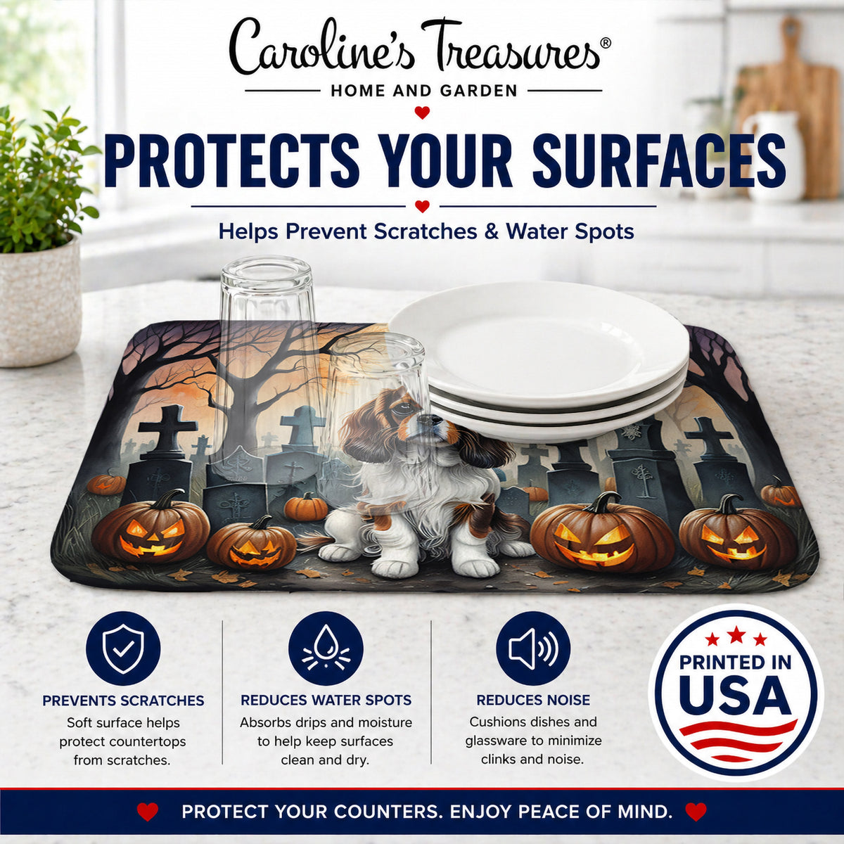 Caroline's Treasures DAC2028DDM Cavalier Spaniel Spooky Halloween Dish Drying Mat Absorbent Dish Drying Mat Pad for Kitchen Counter Dish Drainer Mat for Countertop, 14 x 21, Multicolor