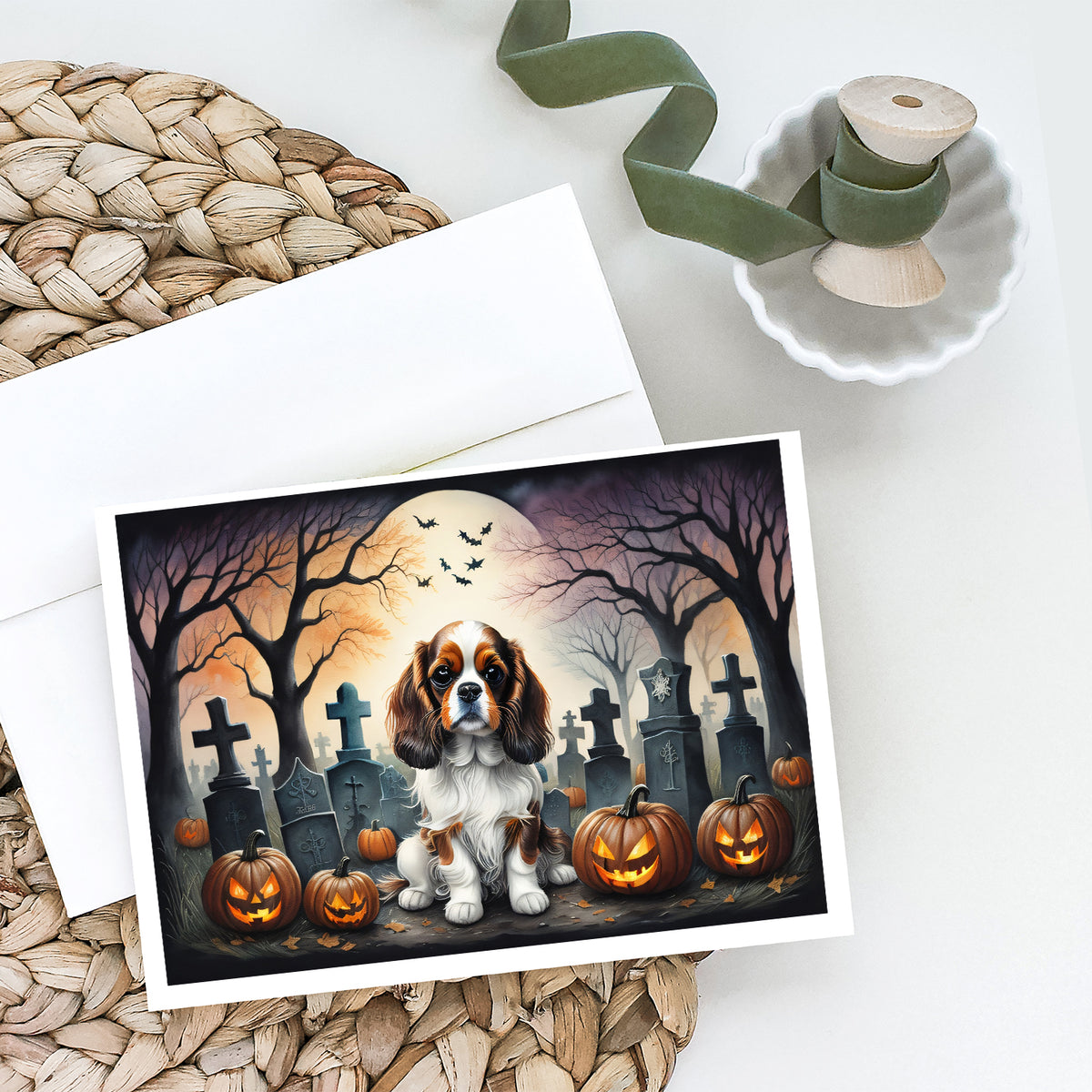 Caroline's Treasures DAC2028GCA7P Cavalier Spaniel Spooky Halloween Greeting Cards and Envelopes Pack of 8 Blank Cards with Envelopes Whimsical A7 Size 5x7 Blank Greeting Cards