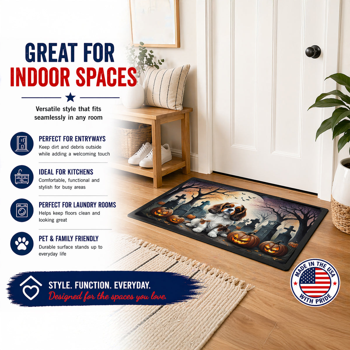 Caroline's Treasures DAC2028JMAT Cavalier Spaniel Spooky Halloween Indoor or Outdoor Mat 24x36 Front Door Mat Indoor Outdoor Rugs for Entryway, Non Slip Washable Low Pile, 24H X 36W