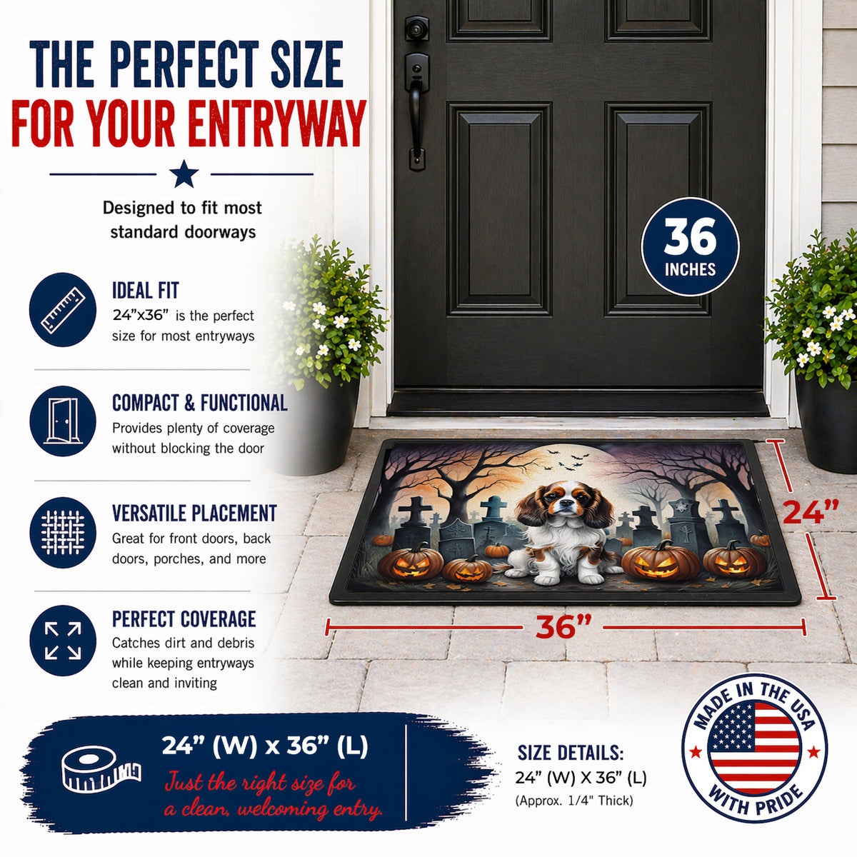 Caroline's Treasures DAC2028JMAT Cavalier Spaniel Spooky Halloween Indoor or Outdoor Mat 24x36 Front Door Mat Indoor Outdoor Rugs for Entryway, Non Slip Washable Low Pile, 24H X 36W