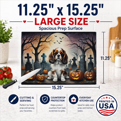 Caroline's Treasures DAC2028LCB Cavalier Spaniel Spooky Halloween Glass Cutting Board Large Decorative Tempered Glass Kitchen Cutting and Serving Board Large Size Chopping Board