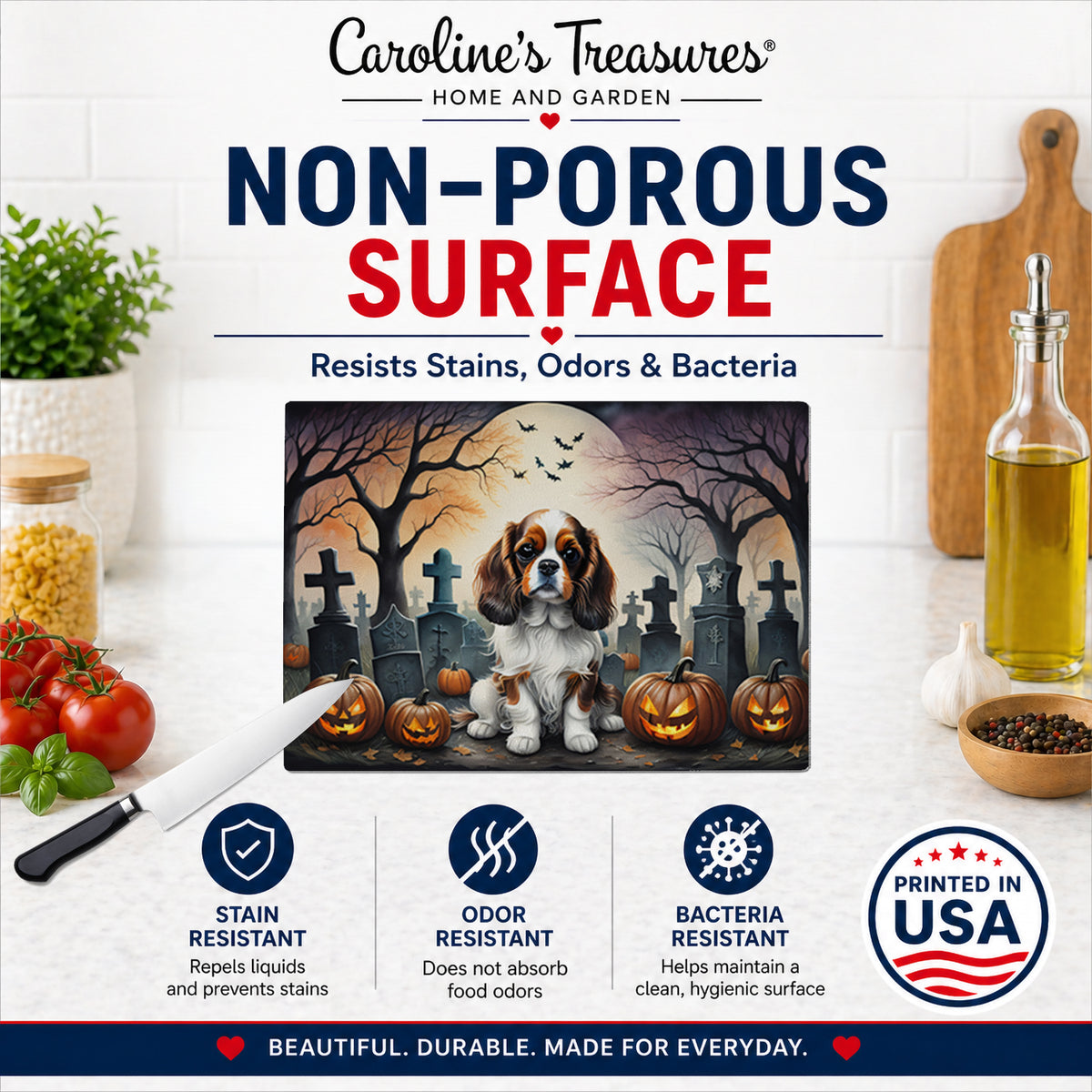 Caroline's Treasures DAC2028LCB Cavalier Spaniel Spooky Halloween Glass Cutting Board Large Decorative Tempered Glass Kitchen Cutting and Serving Board Large Size Chopping Board