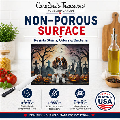 Caroline's Treasures DAC2028LCB Cavalier Spaniel Spooky Halloween Glass Cutting Board Large Decorative Tempered Glass Kitchen Cutting and Serving Board Large Size Chopping Board