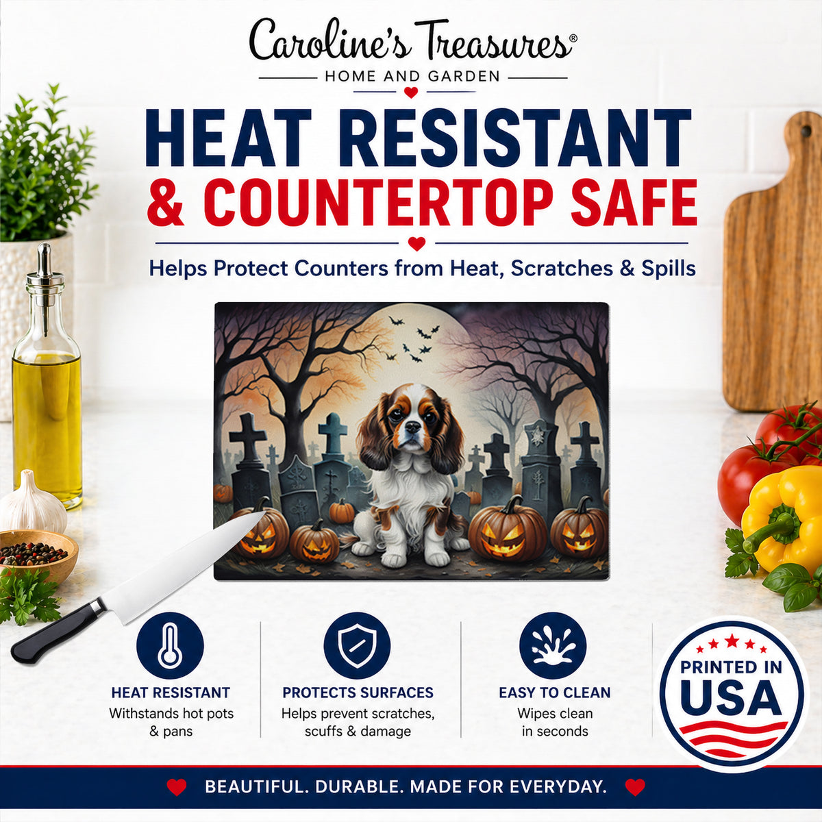 Caroline's Treasures DAC2028LCB Cavalier Spaniel Spooky Halloween Glass Cutting Board Large Decorative Tempered Glass Kitchen Cutting and Serving Board Large Size Chopping Board