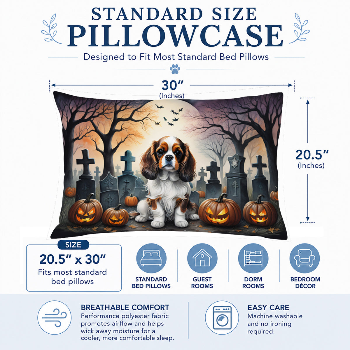 Caroline's Treasures DAC2028PILLOWCASE Cavalier Spaniel Spooky Halloween Fabric Standard Pillowcase Lightweight Super Soft Easy Care Decorative Artwork Pillowcase, Standard