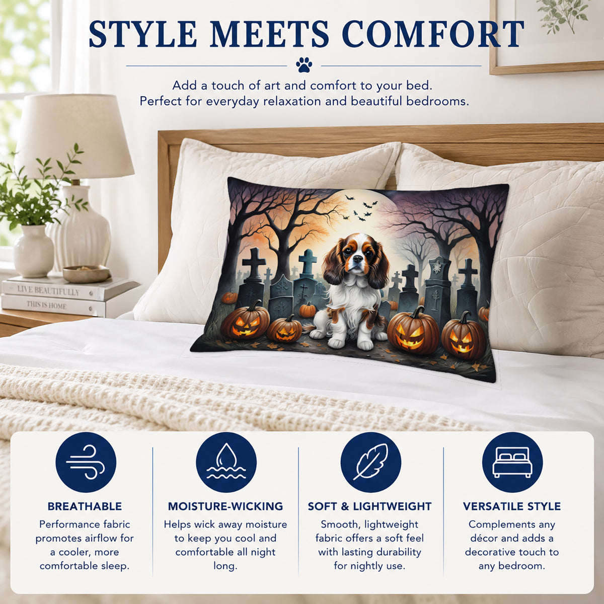 Caroline's Treasures DAC2028PILLOWCASE Cavalier Spaniel Spooky Halloween Fabric Standard Pillowcase Lightweight Super Soft Easy Care Decorative Artwork Pillowcase, Standard