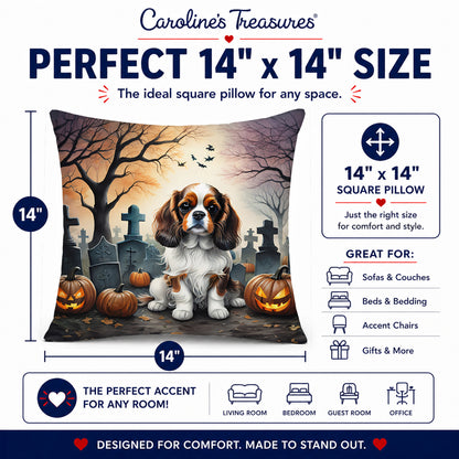 Caroline's Treasures DAC2028PW1414 Cavalier Spaniel Spooky Halloween Fabric Decorative Pillow Machine Washable, Indoor Outdoor Decorative Pillow for Couch, Bed or Patio, 14Hx14W
