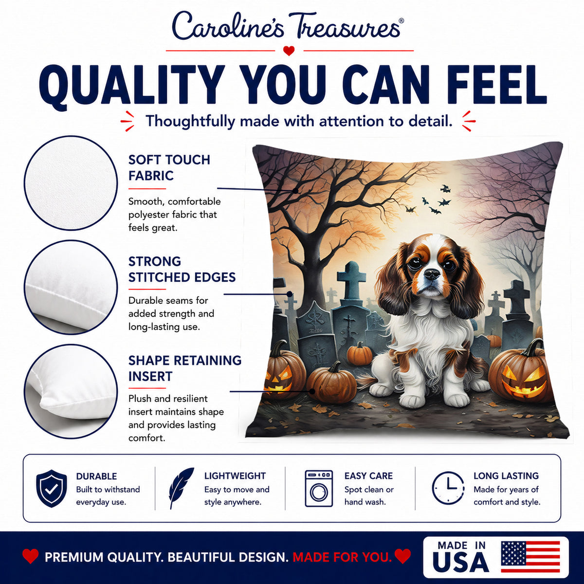 Caroline's Treasures DAC2028PW1414 Cavalier Spaniel Spooky Halloween Fabric Decorative Pillow Machine Washable, Indoor Outdoor Decorative Pillow for Couch, Bed or Patio, 14Hx14W