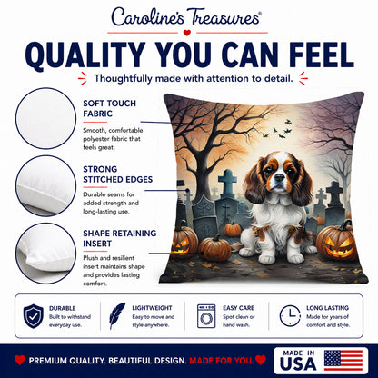 Caroline's Treasures DAC2028PW1414 Cavalier Spaniel Spooky Halloween Fabric Decorative Pillow Machine Washable, Indoor Outdoor Decorative Pillow for Couch, Bed or Patio, 14Hx14W