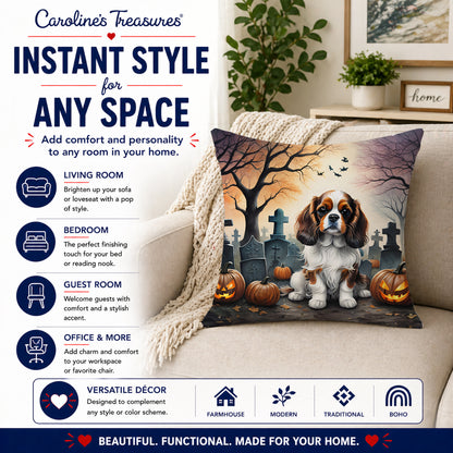Caroline's Treasures DAC2028PW1414 Cavalier Spaniel Spooky Halloween Fabric Decorative Pillow Machine Washable, Indoor Outdoor Decorative Pillow for Couch, Bed or Patio, 14Hx14W