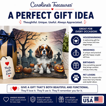 Caroline's Treasures DAC2028PW1414 Cavalier Spaniel Spooky Halloween Fabric Decorative Pillow Machine Washable, Indoor Outdoor Decorative Pillow for Couch, Bed or Patio, 14Hx14W