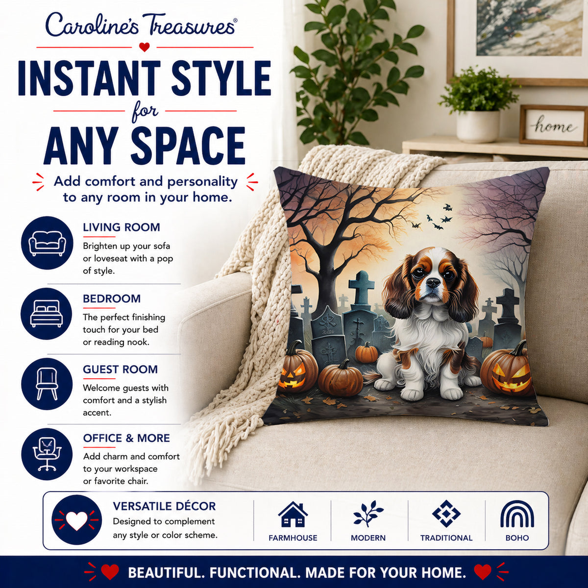 Caroline's Treasures DAC2028PW1818 Cavalier Spaniel Spooky Halloween Fabric Decorative Pillow Machine Washable, Indoor Outdoor Decorative Pillow for Couch, Bed or Patio, 18Hx18W
