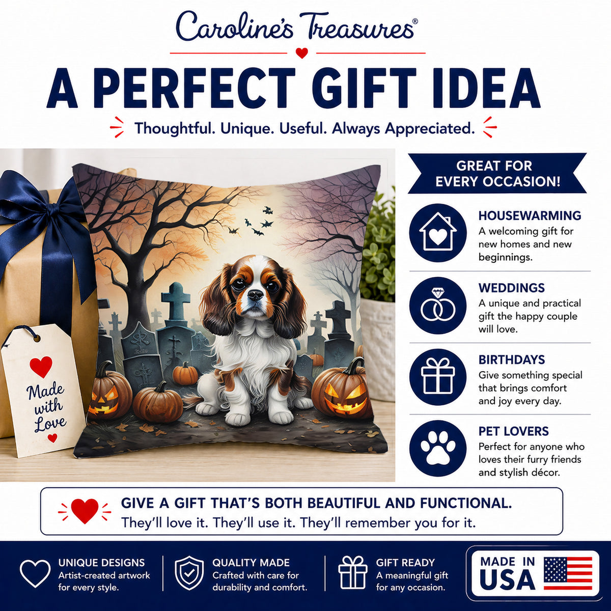 Caroline's Treasures DAC2028PW1818 Cavalier Spaniel Spooky Halloween Fabric Decorative Pillow Machine Washable, Indoor Outdoor Decorative Pillow for Couch, Bed or Patio, 18Hx18W