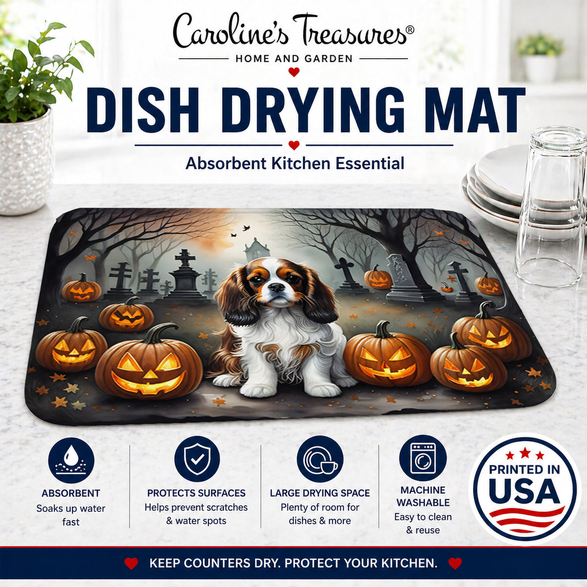 Caroline's Treasures DAC2029DDM Cavalier Spaniel Spooky Halloween Dish Drying Mat Absorbent Dish Drying Mat Pad for Kitchen Counter Dish Drainer Mat for Countertop, 14 x 21, Multicolor
