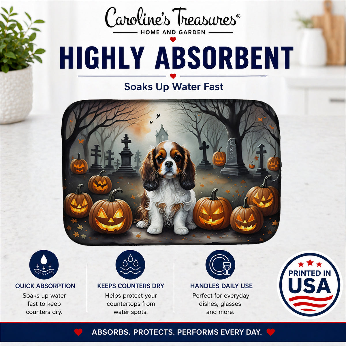 Caroline's Treasures DAC2029DDM Cavalier Spaniel Spooky Halloween Dish Drying Mat Absorbent Dish Drying Mat Pad for Kitchen Counter Dish Drainer Mat for Countertop, 14 x 21, Multicolor