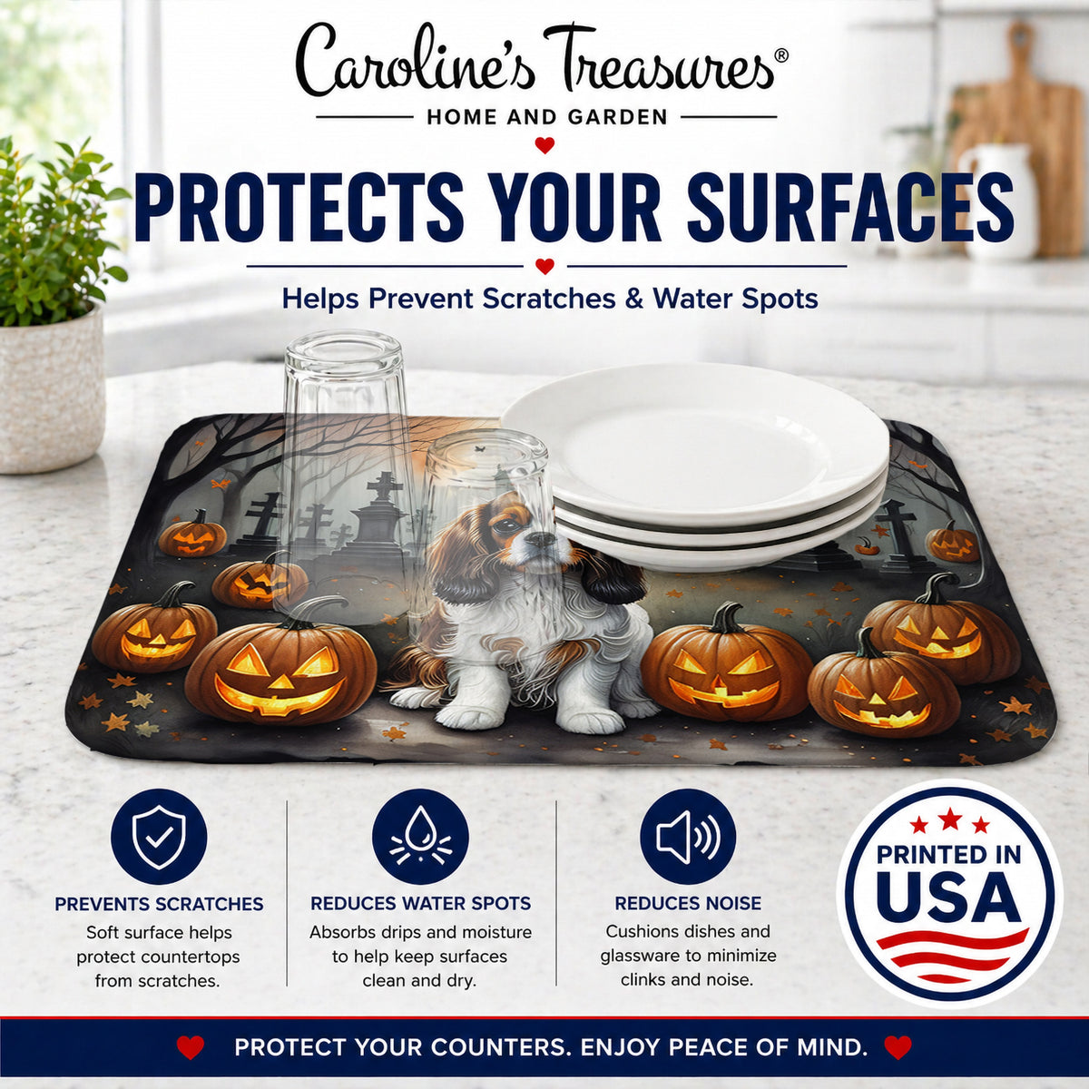 Caroline's Treasures DAC2029DDM Cavalier Spaniel Spooky Halloween Dish Drying Mat Absorbent Dish Drying Mat Pad for Kitchen Counter Dish Drainer Mat for Countertop, 14 x 21, Multicolor