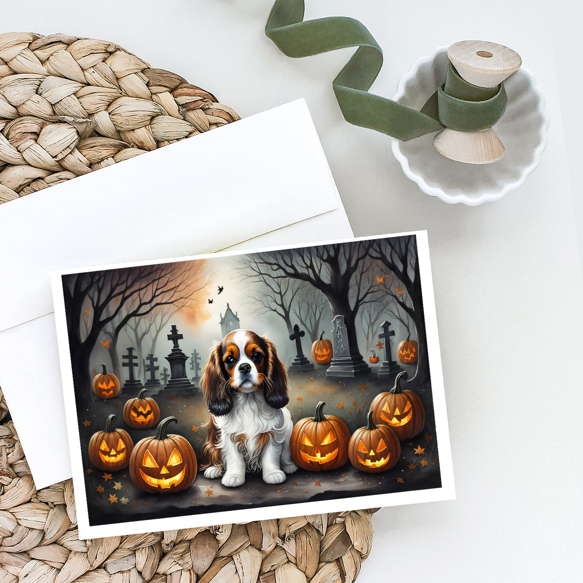 Caroline's Treasures DAC2029GCA7P Cavalier Spaniel Spooky Halloween Greeting Cards and Envelopes Pack of 8 Blank Cards with Envelopes Whimsical A7 Size 5x7 Blank Greeting Cards