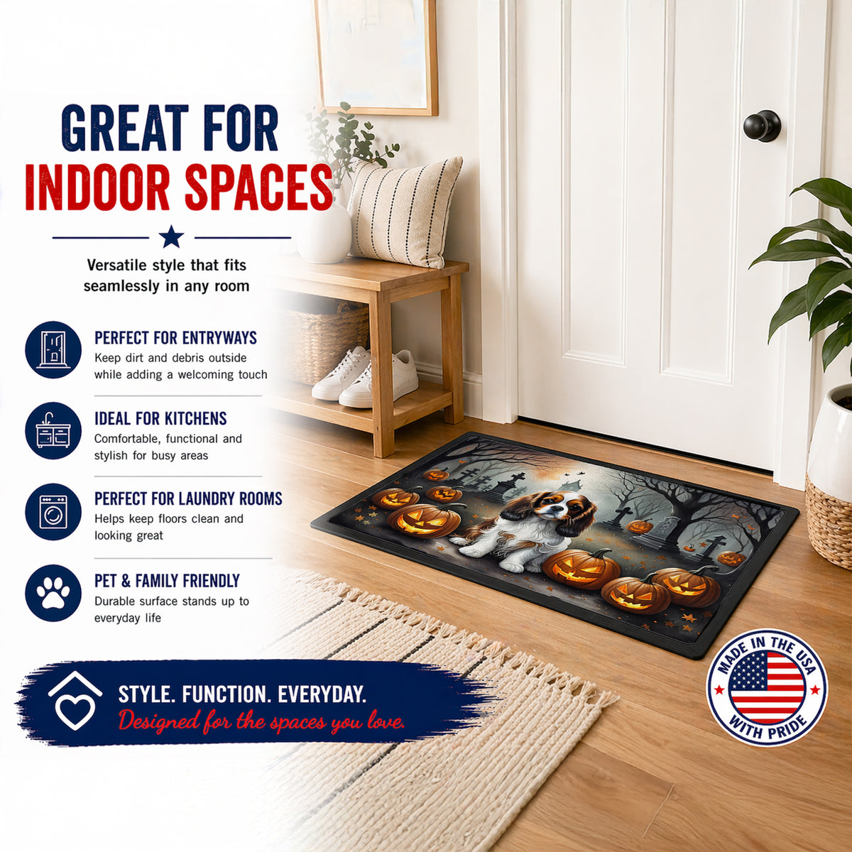 Caroline's Treasures DAC2029JMAT Cavalier Spaniel Spooky Halloween Indoor or Outdoor Mat 24x36 Front Door Mat Indoor Outdoor Rugs for Entryway, Non Slip Washable Low Pile, 24H X 36W