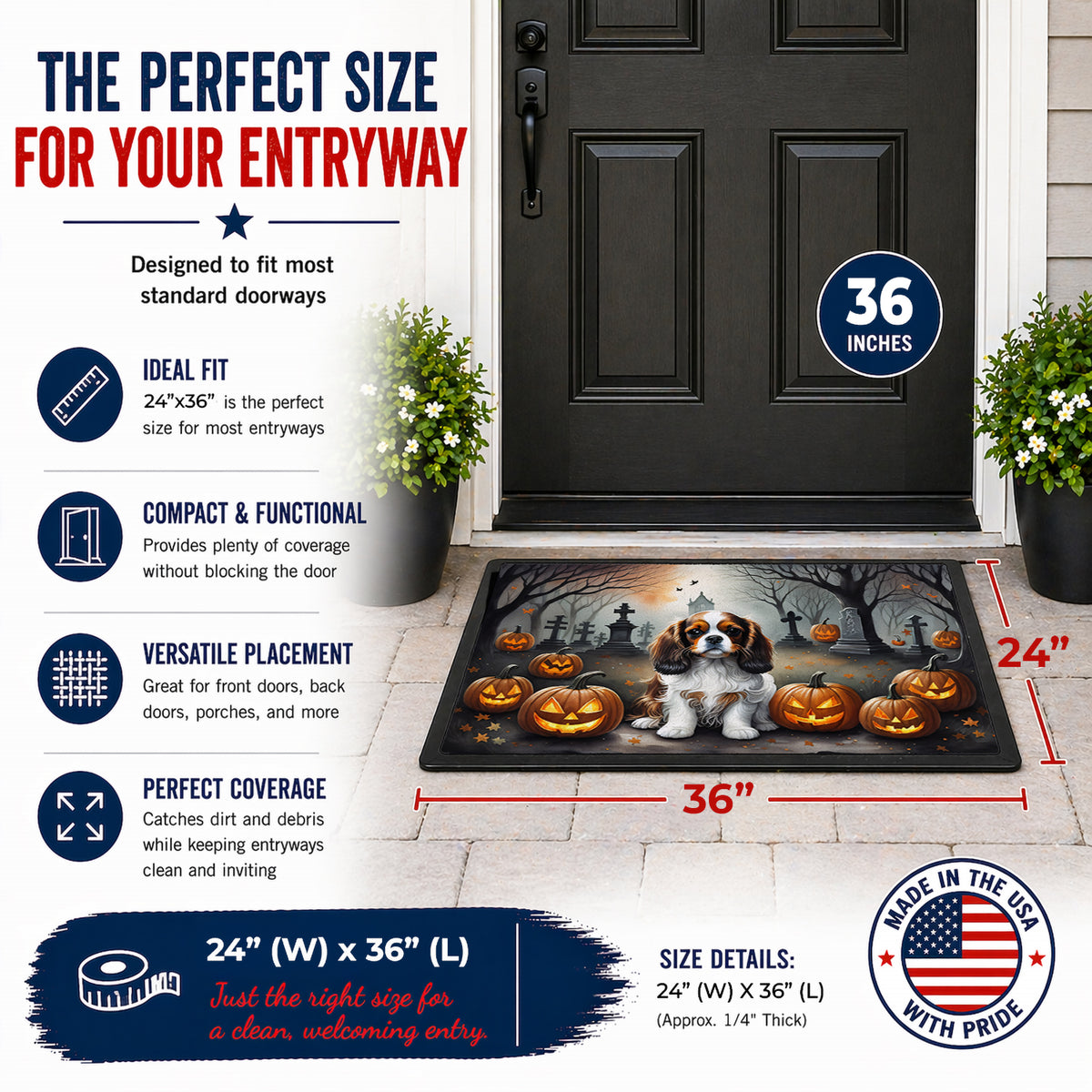 Caroline's Treasures DAC2029JMAT Cavalier Spaniel Spooky Halloween Indoor or Outdoor Mat 24x36 Front Door Mat Indoor Outdoor Rugs for Entryway, Non Slip Washable Low Pile, 24H X 36W
