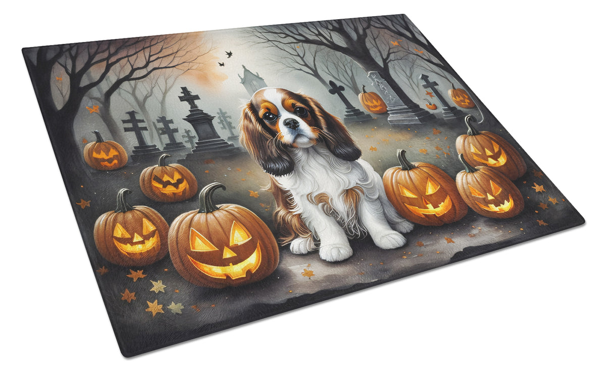 Caroline's Treasures DAC2029LCB Cavalier Spaniel Spooky Halloween Glass Cutting Board Large Decorative Tempered Glass Kitchen Cutting and Serving Board Large Size Chopping Board