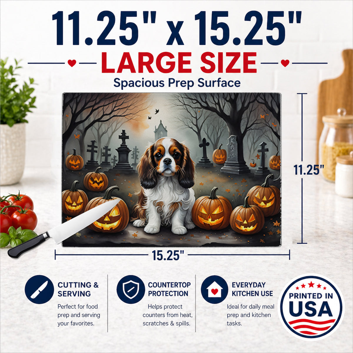 Caroline's Treasures DAC2029LCB Cavalier Spaniel Spooky Halloween Glass Cutting Board Large Decorative Tempered Glass Kitchen Cutting and Serving Board Large Size Chopping Board