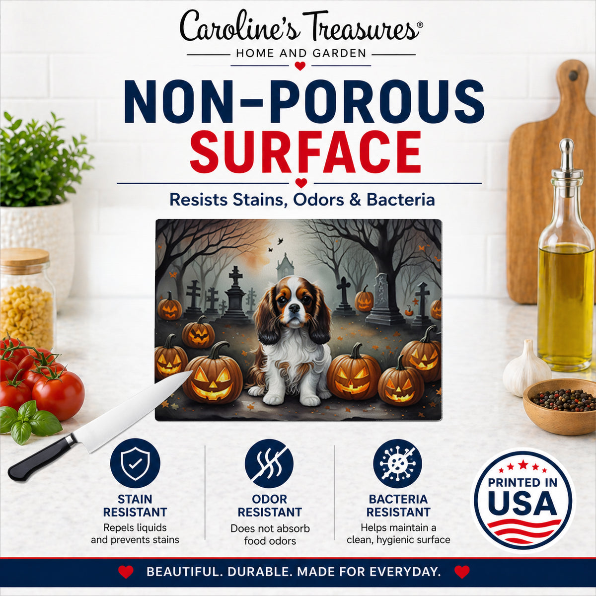 Caroline's Treasures DAC2029LCB Cavalier Spaniel Spooky Halloween Glass Cutting Board Large Decorative Tempered Glass Kitchen Cutting and Serving Board Large Size Chopping Board