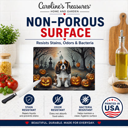 Caroline's Treasures DAC2029LCB Cavalier Spaniel Spooky Halloween Glass Cutting Board Large Decorative Tempered Glass Kitchen Cutting and Serving Board Large Size Chopping Board