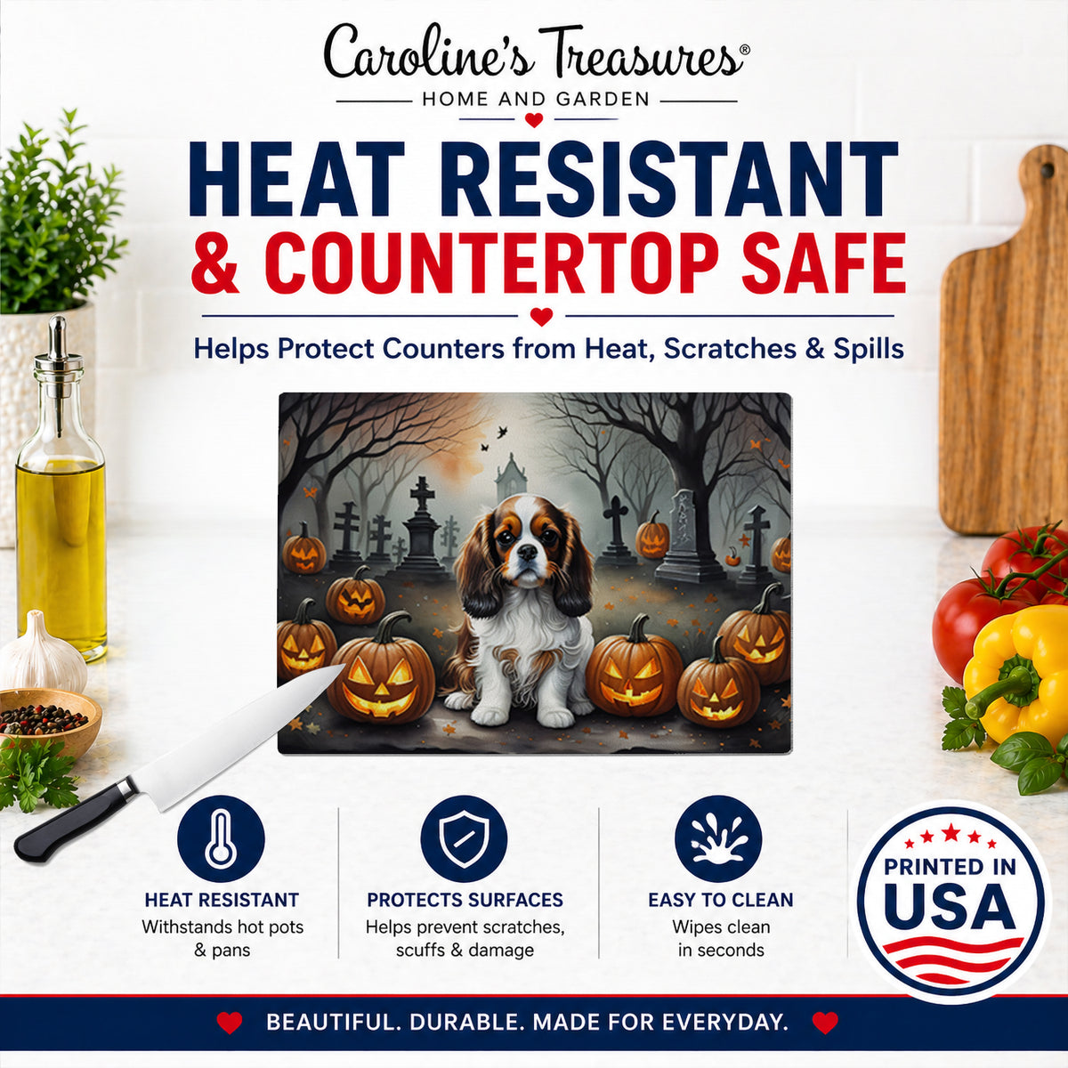 Caroline's Treasures DAC2029LCB Cavalier Spaniel Spooky Halloween Glass Cutting Board Large Decorative Tempered Glass Kitchen Cutting and Serving Board Large Size Chopping Board