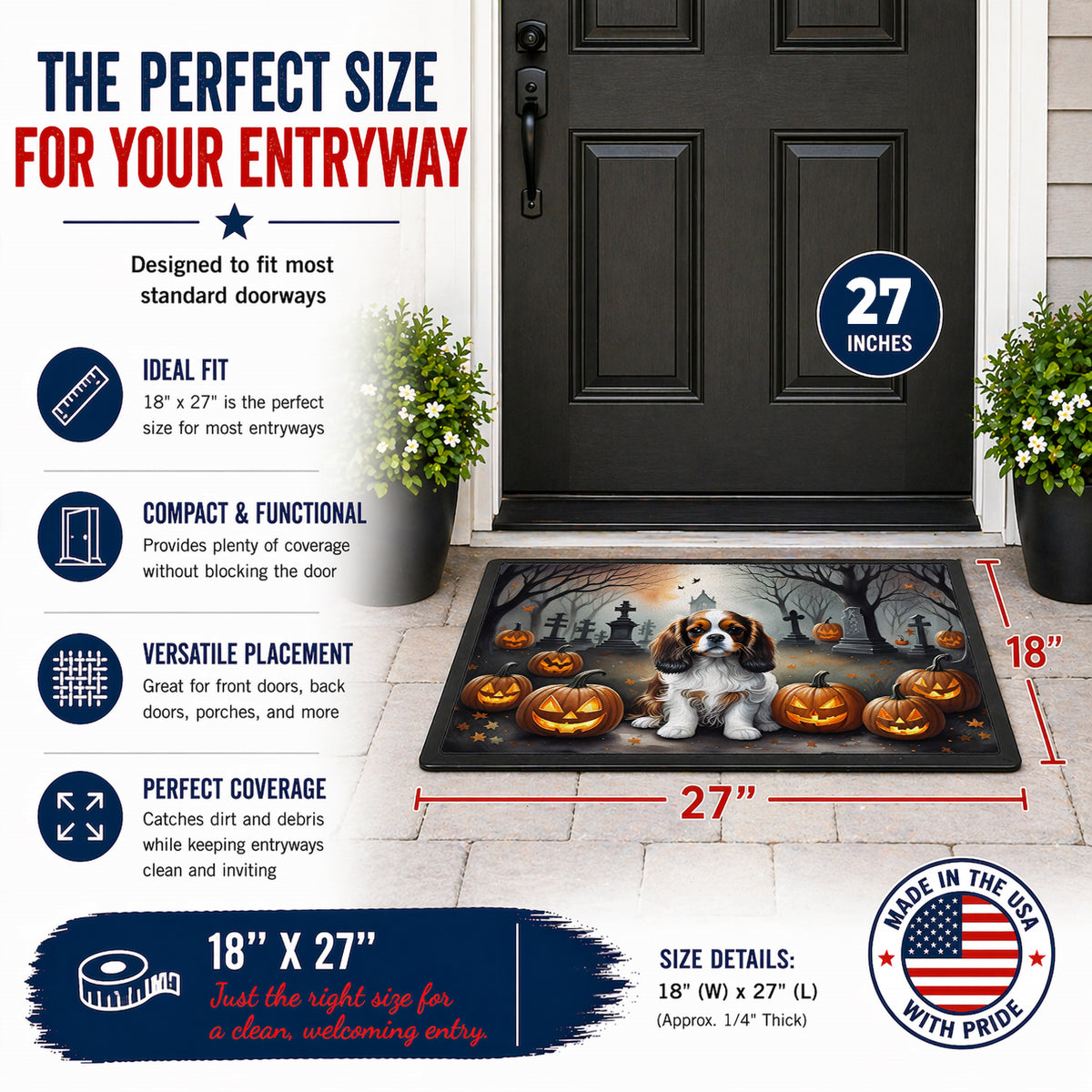 Caroline's Treasures DAC2029MAT Cavalier Spaniel Spooky Halloween Doormat 18x27 Front Door Mat Indoor Outdoor Rugs for Entryway, Non Slip Washable Low Pile, 18H X 27W