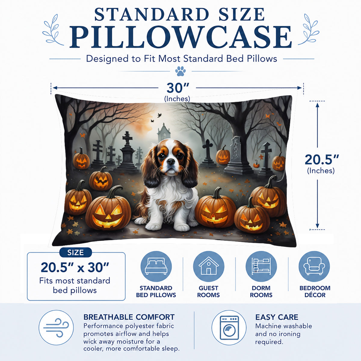 Caroline's Treasures DAC2029PILLOWCASE Cavalier Spaniel Spooky Halloween Fabric Standard Pillowcase Lightweight Super Soft Easy Care Decorative Artwork Pillowcase, Standard