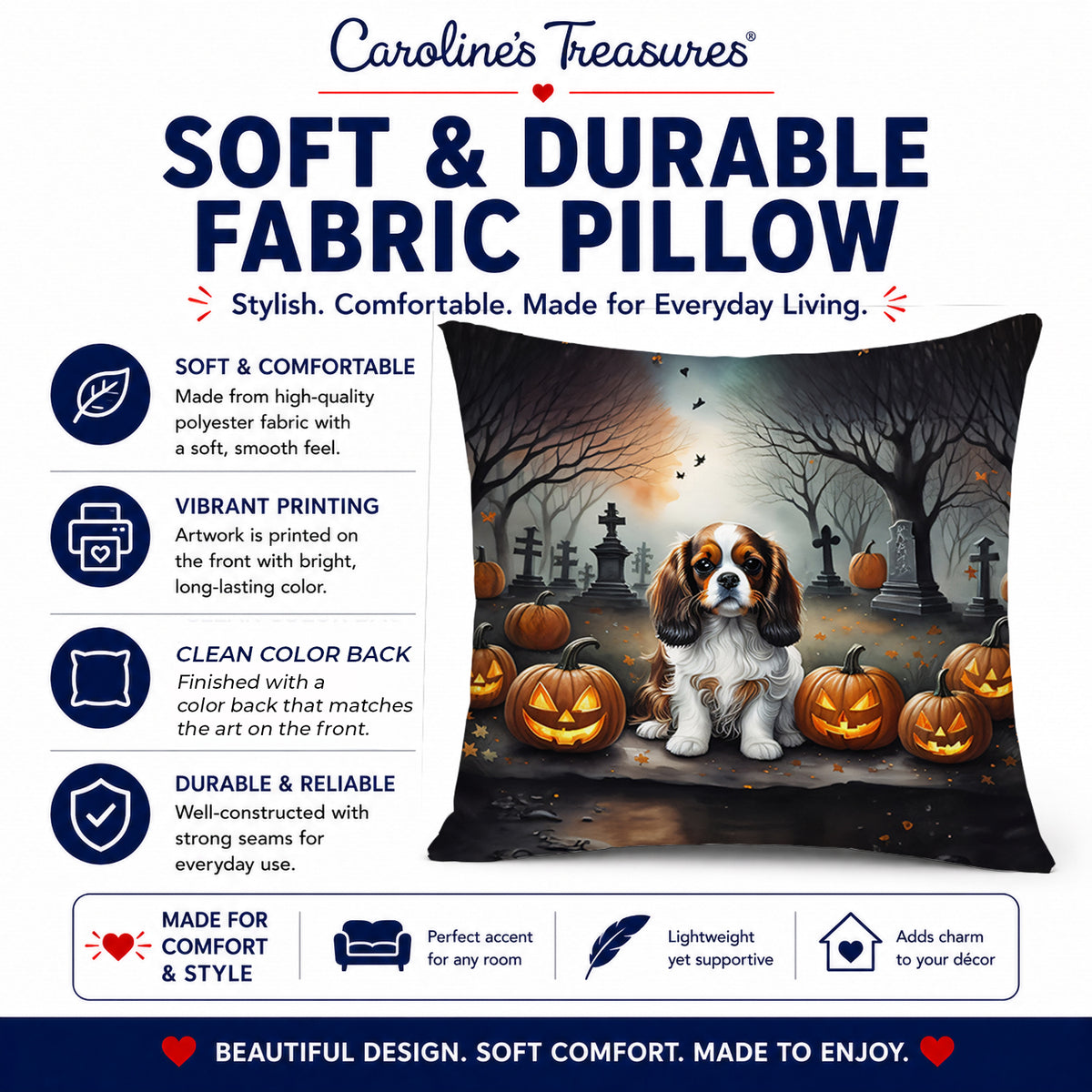 Caroline's Treasures DAC2029PW1414 Cavalier Spaniel Spooky Halloween Fabric Decorative Pillow Machine Washable, Indoor Outdoor Decorative Pillow for Couch, Bed or Patio, 14Hx14W