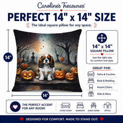 Caroline's Treasures DAC2029PW1414 Cavalier Spaniel Spooky Halloween Fabric Decorative Pillow Machine Washable, Indoor Outdoor Decorative Pillow for Couch, Bed or Patio, 14Hx14W