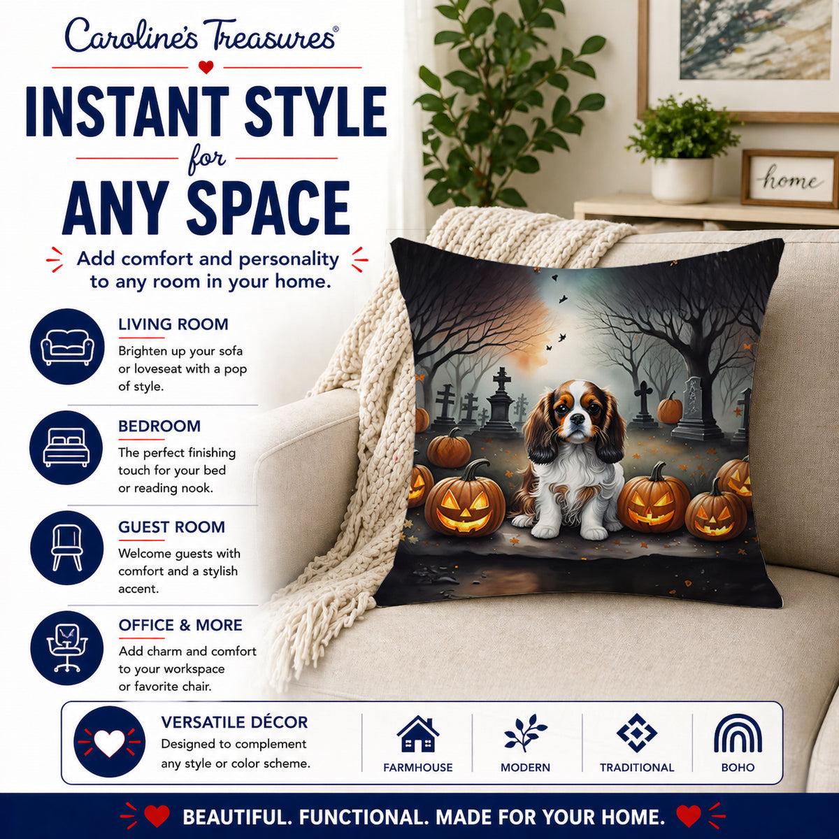 Caroline's Treasures DAC2029PW1414 Cavalier Spaniel Spooky Halloween Fabric Decorative Pillow Machine Washable, Indoor Outdoor Decorative Pillow for Couch, Bed or Patio, 14Hx14W