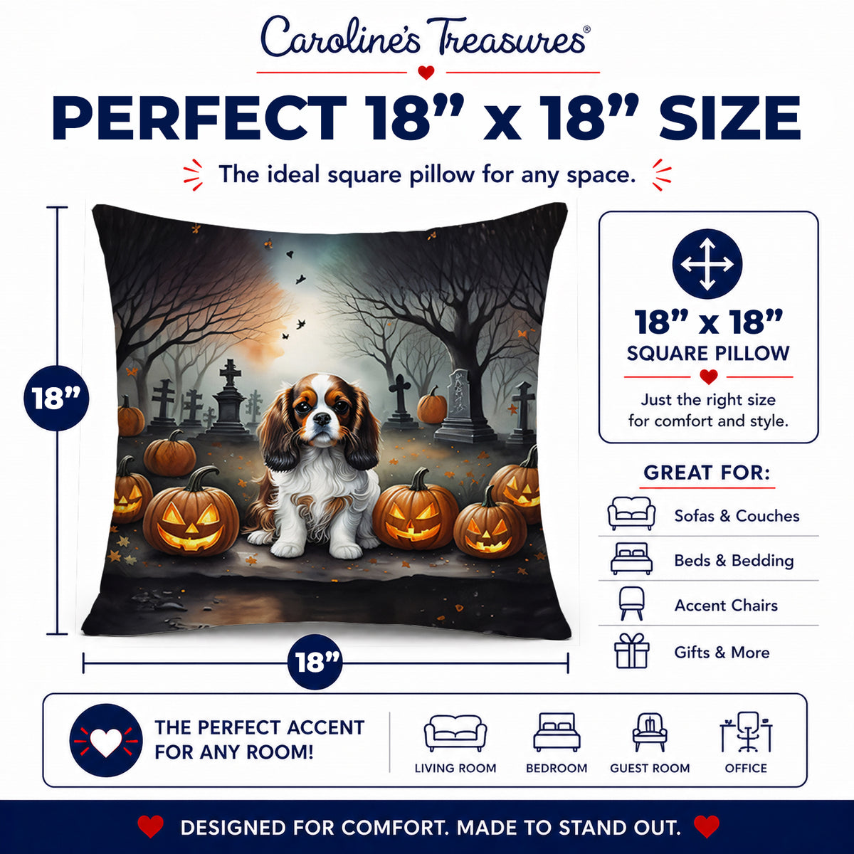 Caroline's Treasures DAC2029PW1818 Cavalier Spaniel Spooky Halloween Fabric Decorative Pillow Machine Washable, Indoor Outdoor Decorative Pillow for Couch, Bed or Patio, 18Hx18W