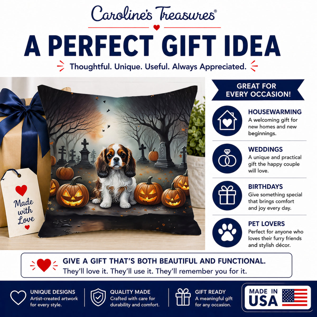 Caroline's Treasures DAC2029PW1818 Cavalier Spaniel Spooky Halloween Fabric Decorative Pillow Machine Washable, Indoor Outdoor Decorative Pillow for Couch, Bed or Patio, 18Hx18W